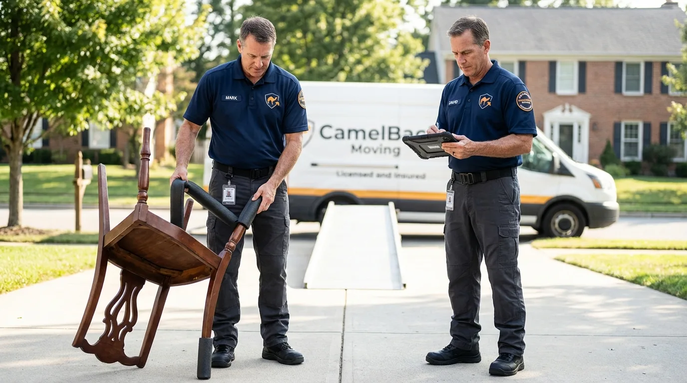 Movers inspecting furniture for damage prevention before loading in Cresson, PA