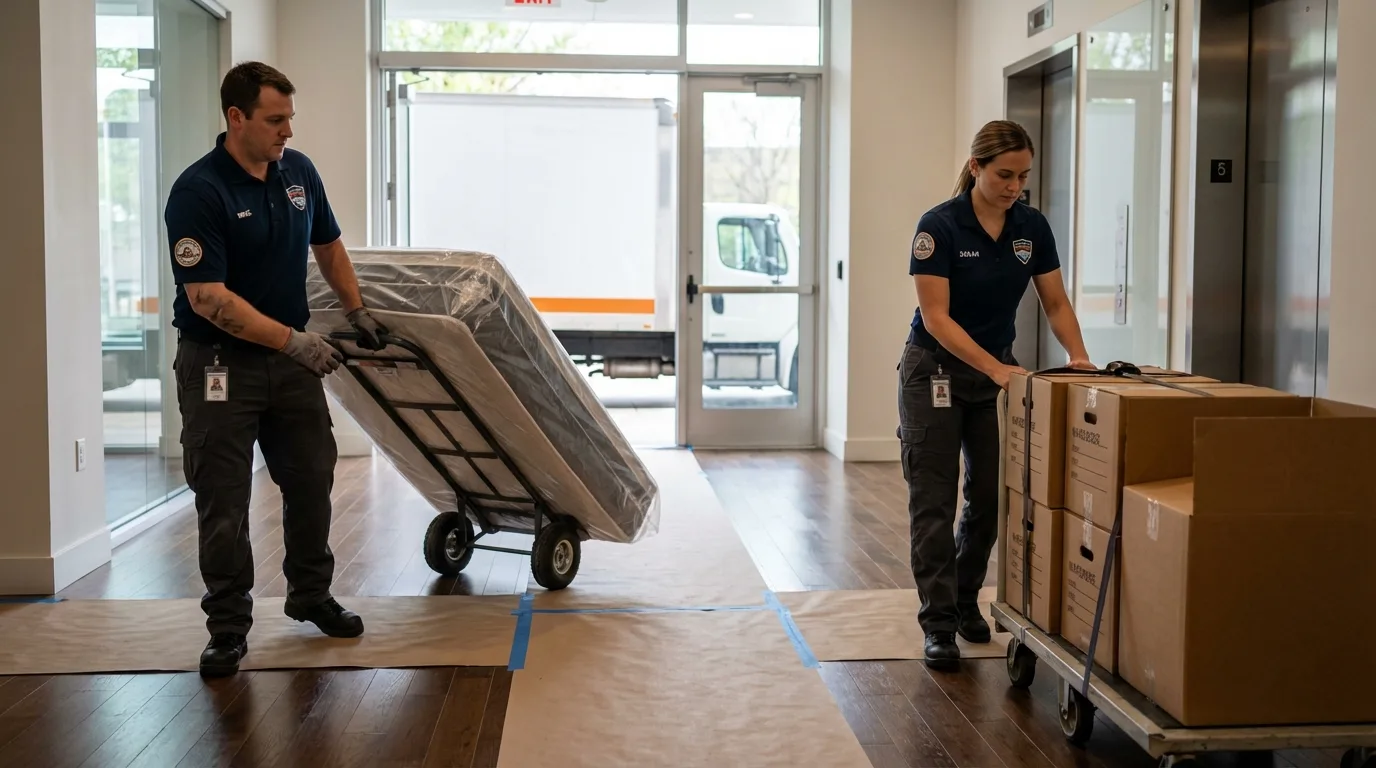 Professional apartment movers loading elevator in Cresson, PA